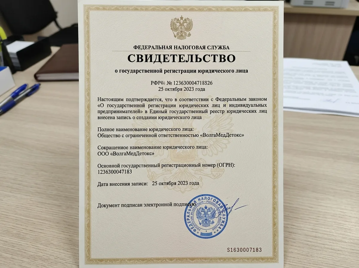 Свидетельство о государственной регистрации юридического лица ООО ВолгаМедДетокс, ОГРН 1236300047183, официальный документ ФНС России